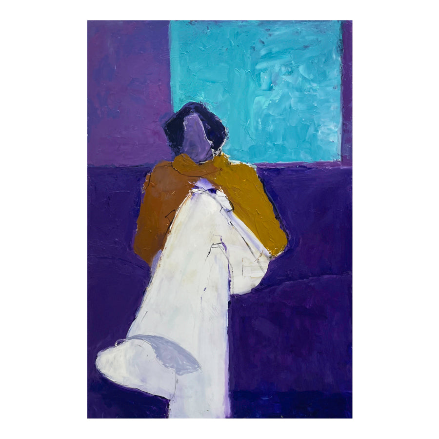 Figure on purple sofa
