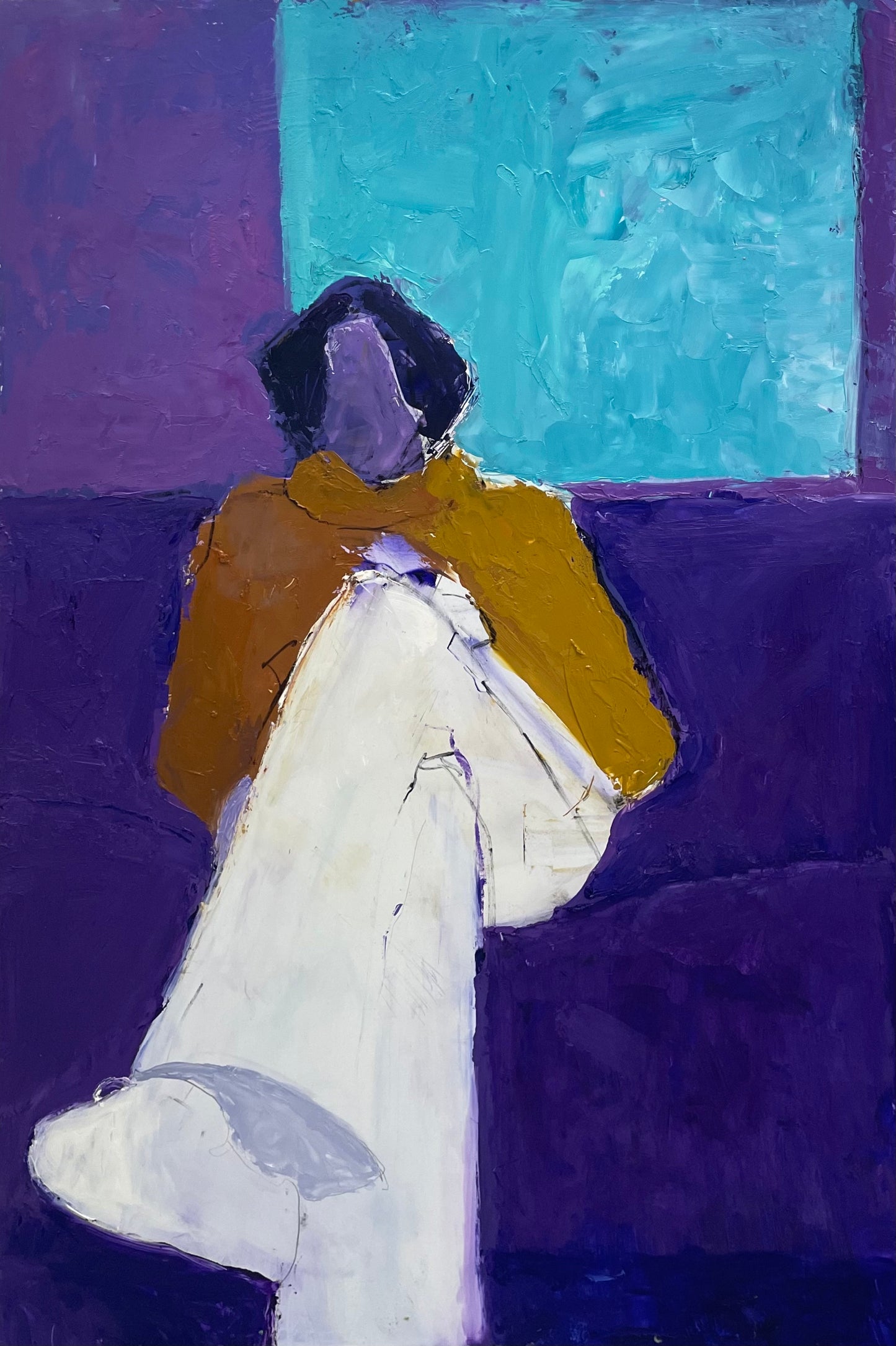 Figure on purple sofa
