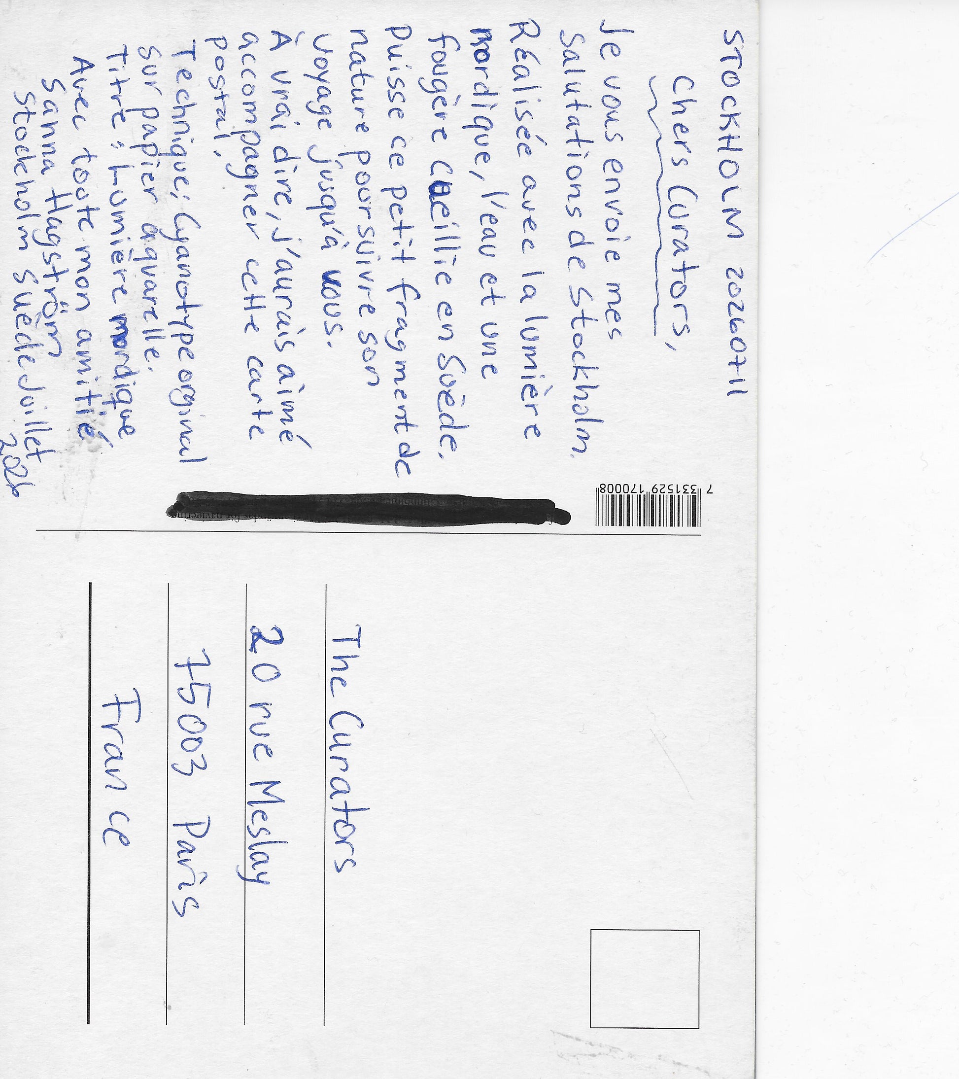Susanna Hagström — Correspondances #2 — original postcard artwork
