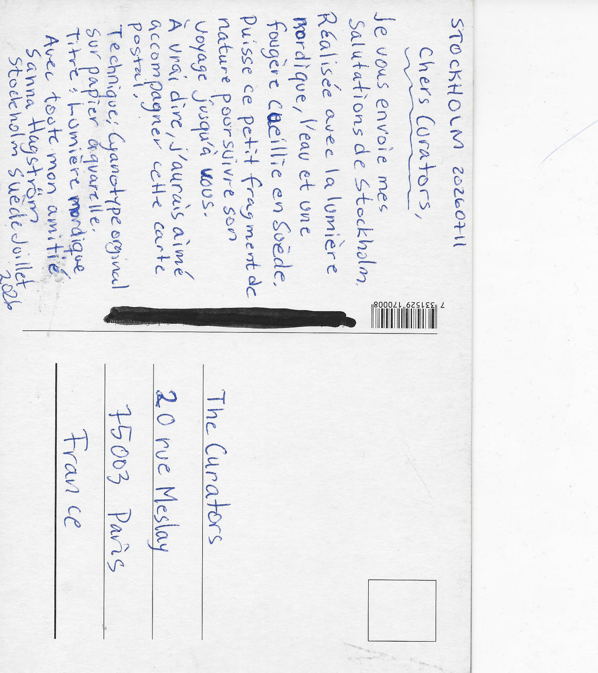 Susanna Hagström — Correspondances #2 — original postcard artwork
